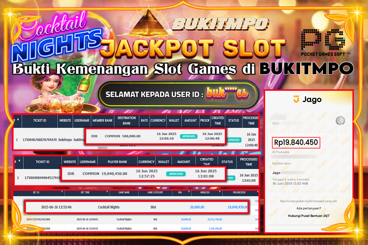 BUKITMPO JACKPOT COCKTAIL NIGHTS Rp.19.840.450,- LUNAS
